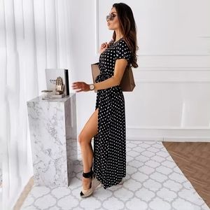 Dots Print Maxi Dresses Casual Loose Fashion Bohemian wrap around waist